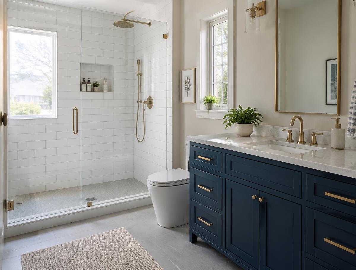 Illustrative renovated bathroom with tiled shower and navy vanity
