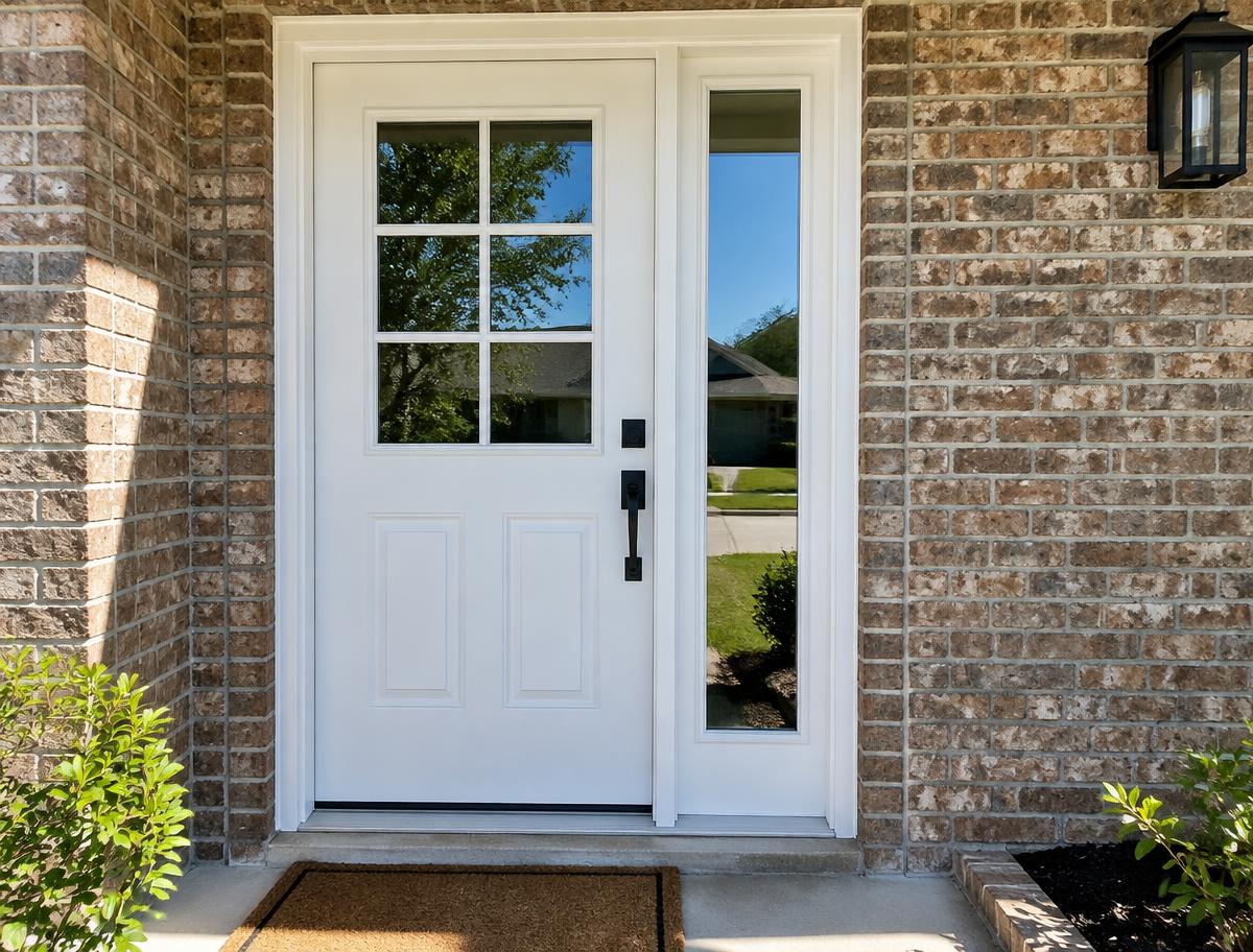 Illustrative newly installed white front door with sidelight on a brick home
